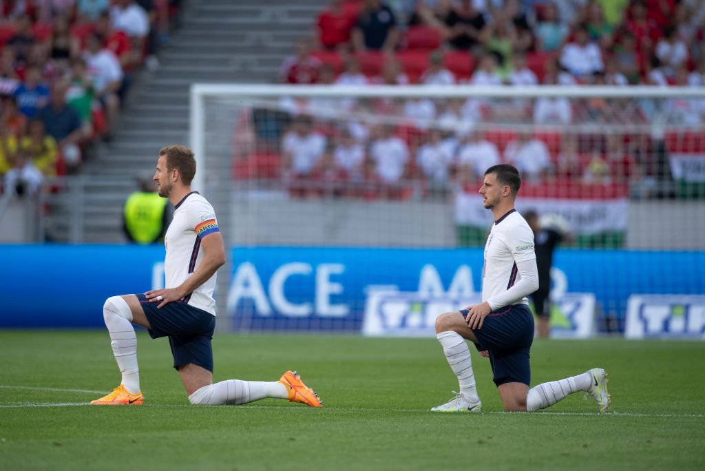 World Cup 2022: England players to take a knee against Iran: Harry Kane and Mason Mount of England take a knee before the UEFA Nations League League A Group 3 match between Hungary and England at Puskas Arena on June 4, 2022 in Budapest, Hungary.