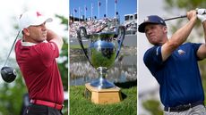 Sergio Garcia and Paul Casey hold their finishes on golf shots and the Omega European Masters trophy centered