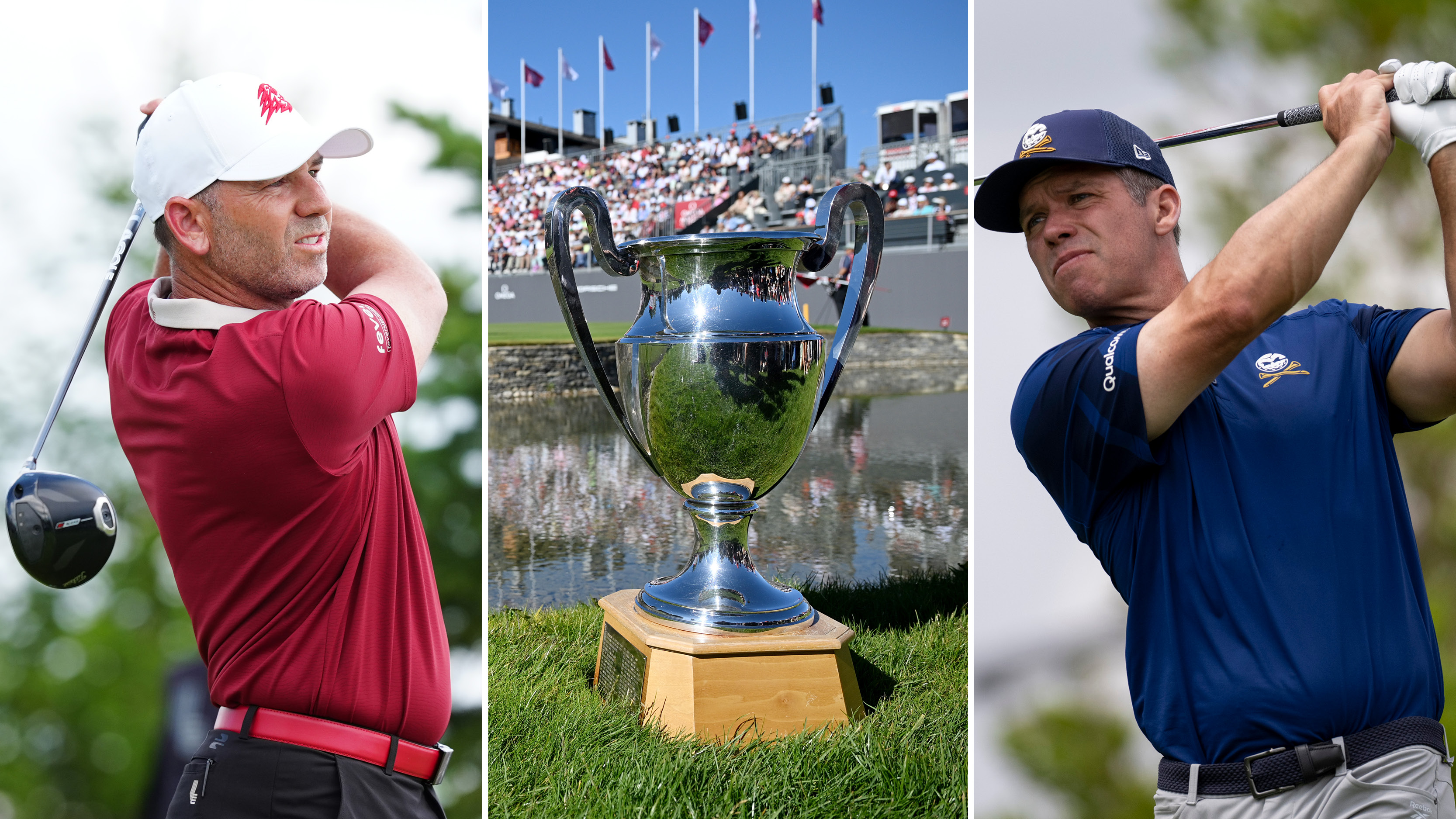 Sergio Garcia and Paul Casey hold their finishes on golf shots and the Omega European Masters trophy centered