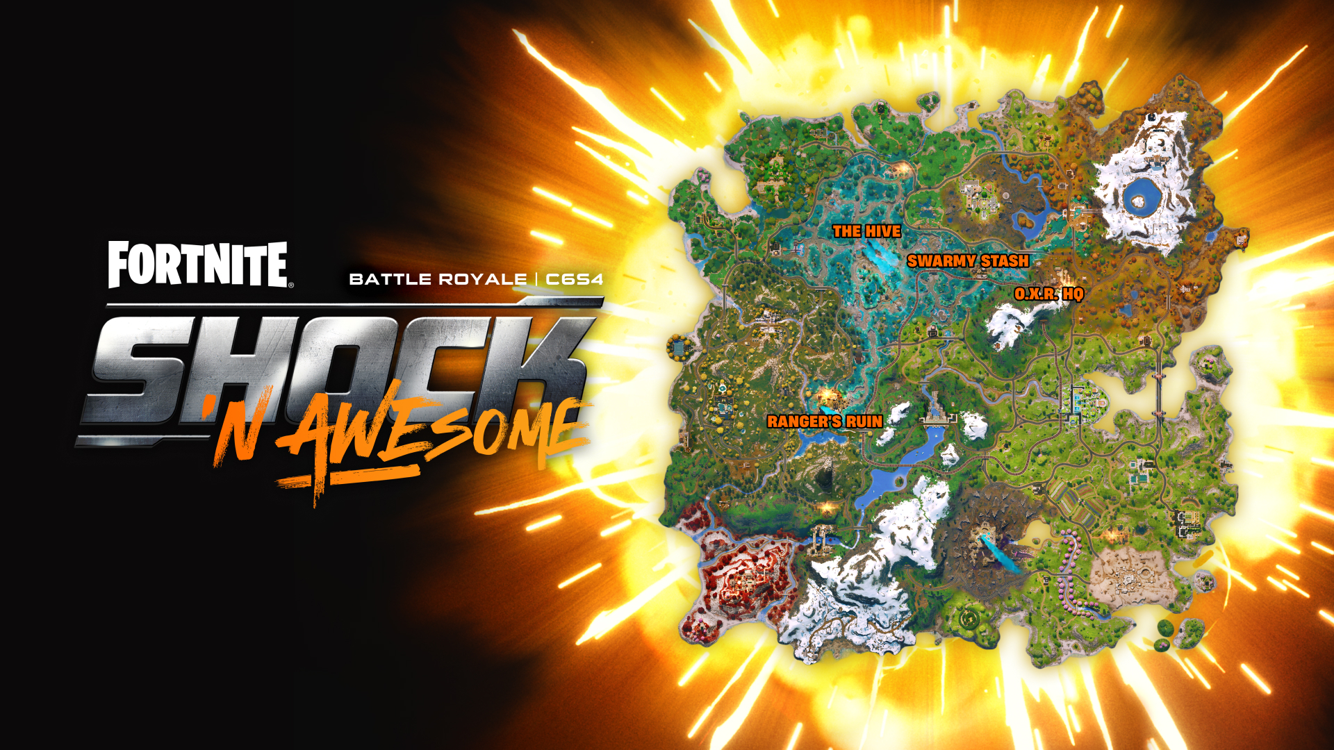 The Fortnite Chapter 6 Season 4 map, with new points of interest labelled