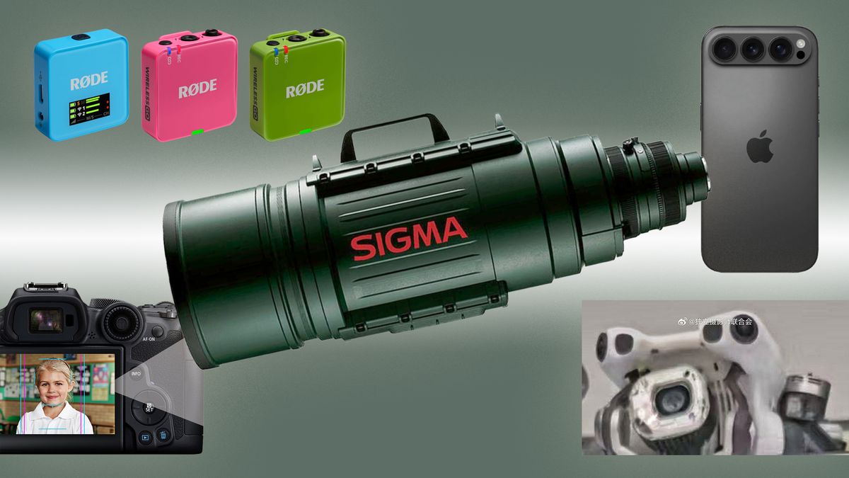 Composite image of the Sigma APO 200-500mm f/2.8 / 400-1000mm f/5.6 EX DG, Røde Wireless Go (Gen 3), DJI Mini 5 Pro, Canon EOS R10 and iPhone 17 mockup