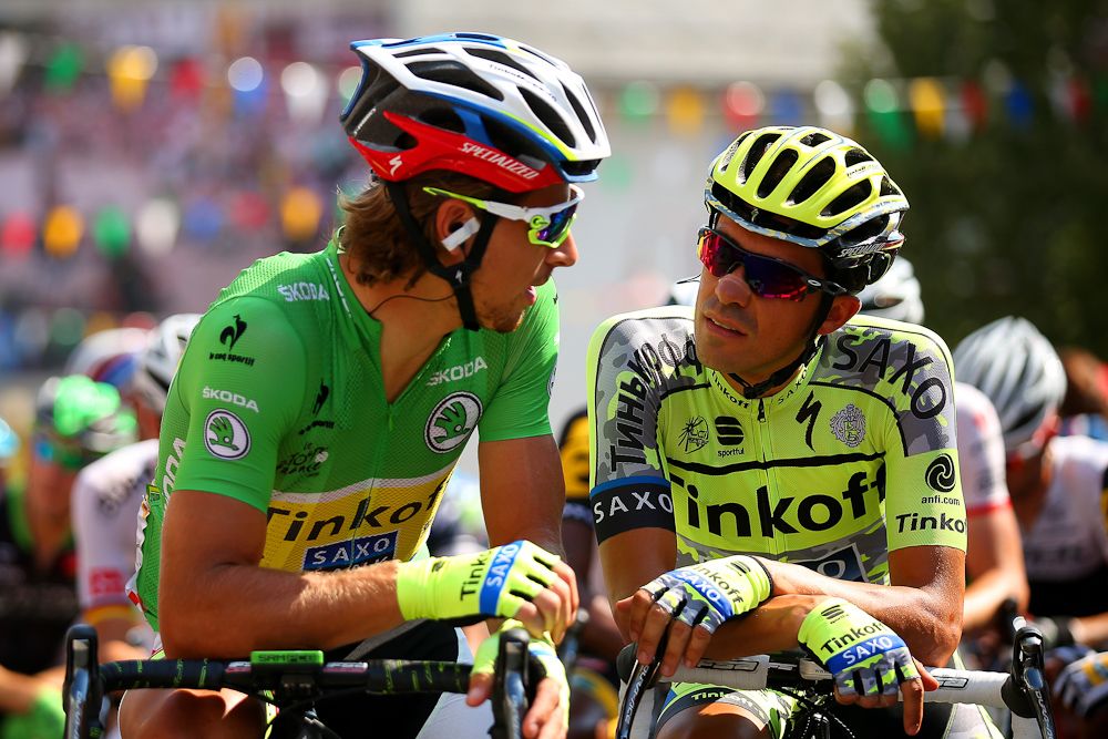 Tinkoff-Saxo's Peter Sagan and Alberto Contador at the stage 12 start.