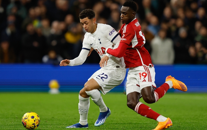 Tottenham Hotspur's Brennan Johnson battles with Forest's Moussa Niakhate on his return to the City Ground