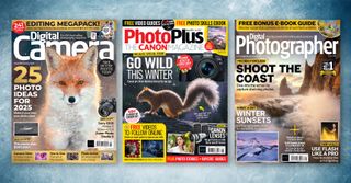 Front covers of Digital Camera, PhotoPlus and Digital Photographer magazines on a blue snowy background