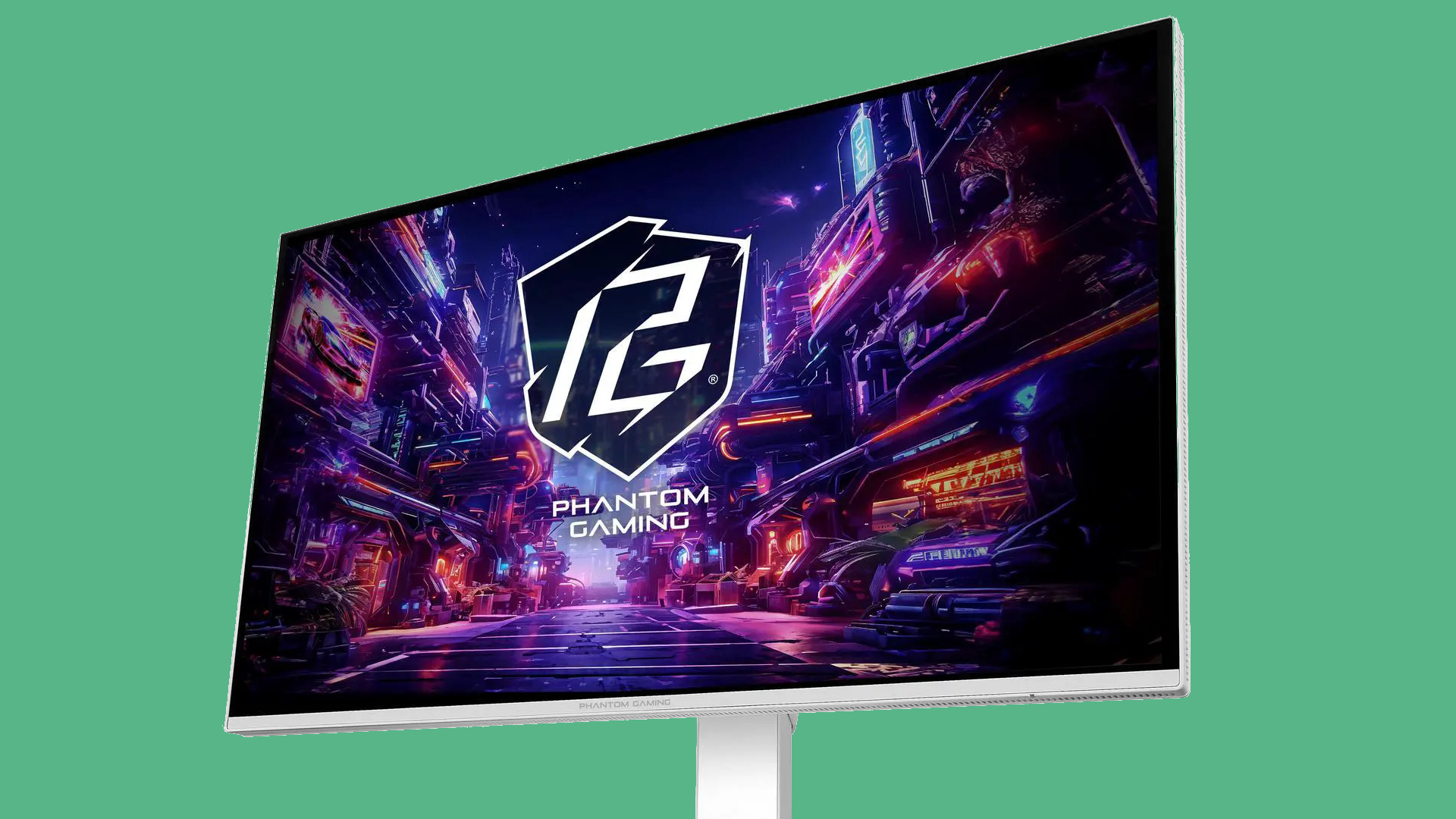 An ASRock monitor on a green background.
