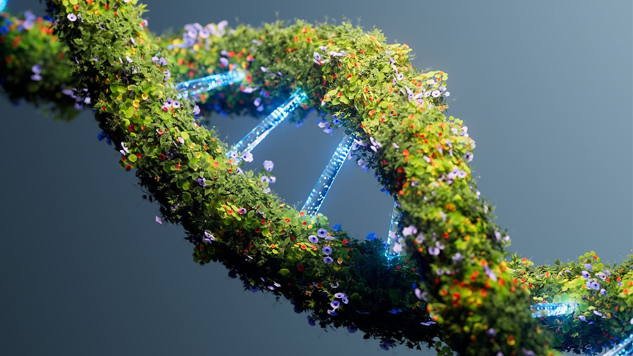 An illustration of a strand of DNA composed of foliage and electronics
