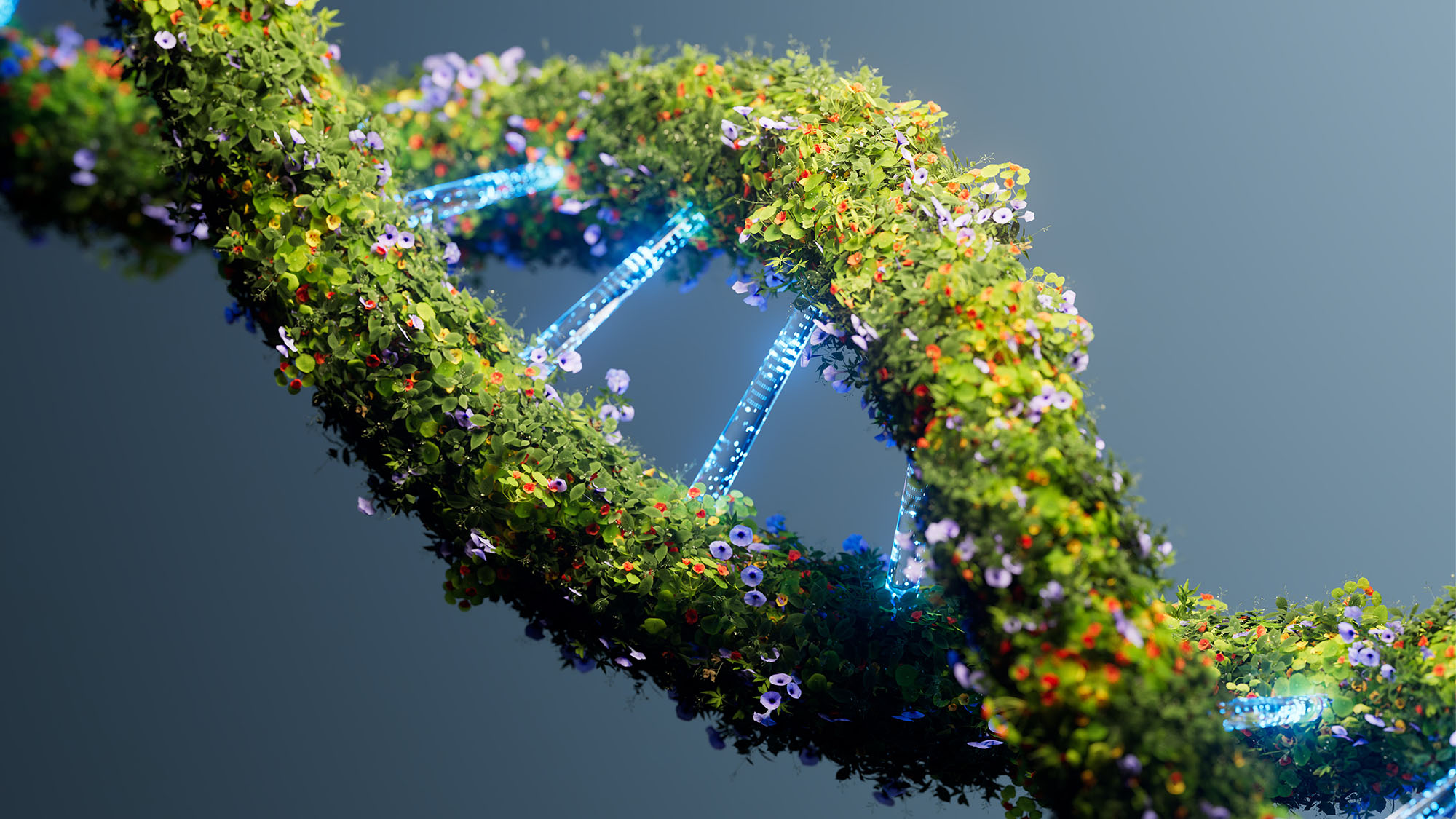 An illustration of a strand of DNA composed of foliage and electronics