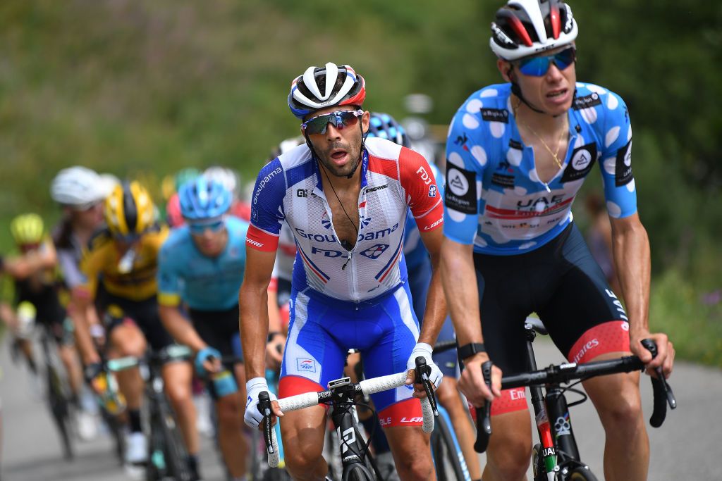 MEGEVE FRANCE AUGUST 16 David De La Cruz of Spain and Team UAE Team Emirates Polka Dot Mountain Jersey Thibaut Pinot of France and Team Groupama FDJ Breakaway during the 72nd Criterium du Dauphine 2020 Stage 5 a 1535km stage from Megeve to Megeve 1458m dauphine Dauphin on August 16 2020 in Megeve France Photo by Justin SetterfieldGetty Images