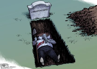 Political cartoon U.S. GOP Republican health care reform Obamacare grave