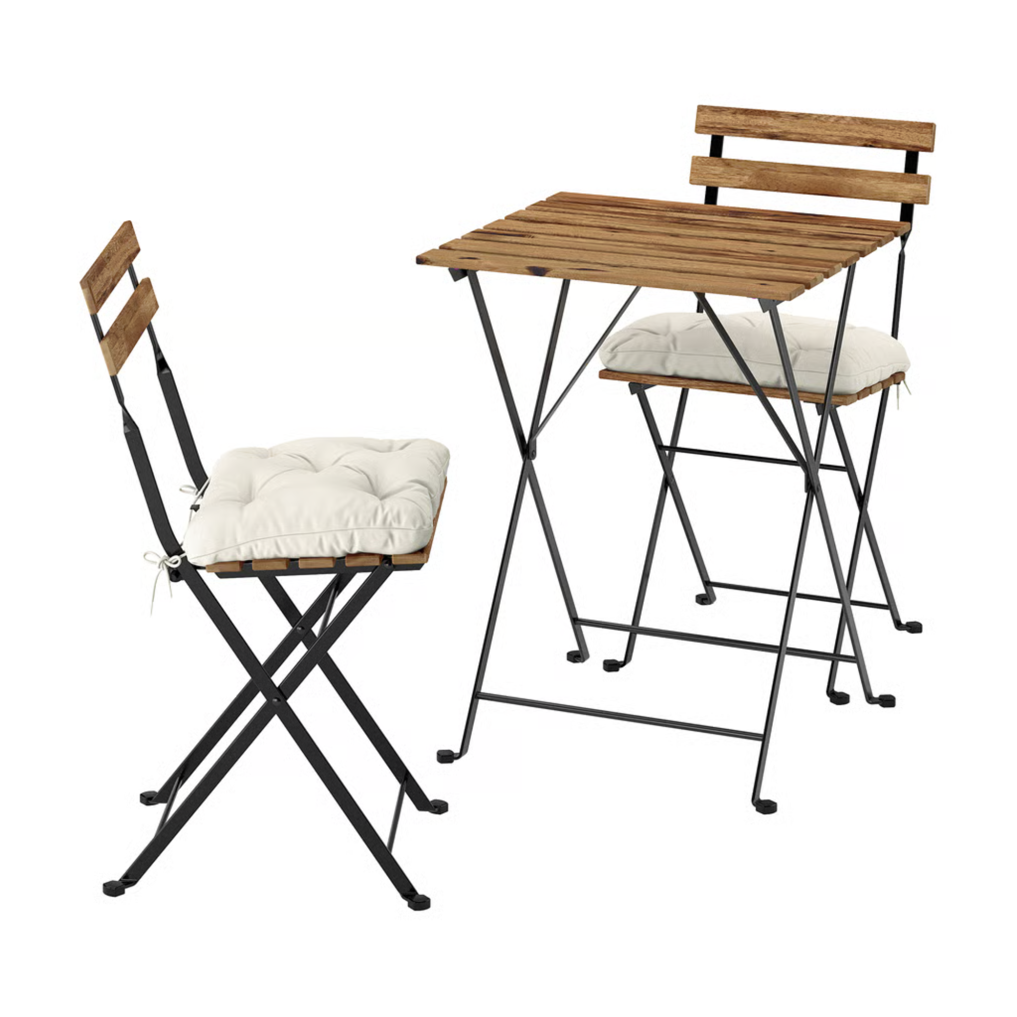 a bistro set with white cushions