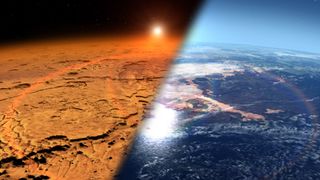 This artist's illustration of Mars shows the Red Planet's environment in the ancient past (right), when it was thought to contain liquid water and a thicker atmosphere, and cold, dry Martian environment that exists today.