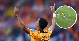 观看:科迪·加克波在2022年卡塔尔世界杯A组荷兰队对厄瓜多尔队的比赛中，科迪·加克波为荷兰队打进了首粒进球。摄于2022年11月25日卡塔尔多哈哈利法国际体育场。