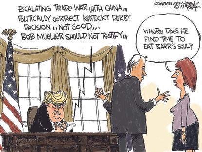 Political Cartoon U.S. Trump Kentucky Derby Trade war China William Barr testifies