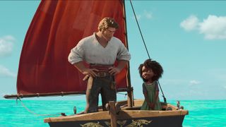Jacob Holland looks down at a smiling Maisie in the duo's small boat in Netflix's The Sea Beast film
