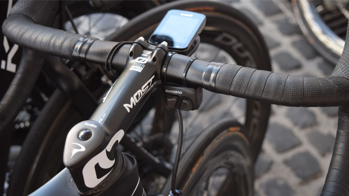 Gianni Moscon also looked to be on his Paris-Roubaix bike with a thumb shifter on the tops for easy shifting when riding on the cobbles