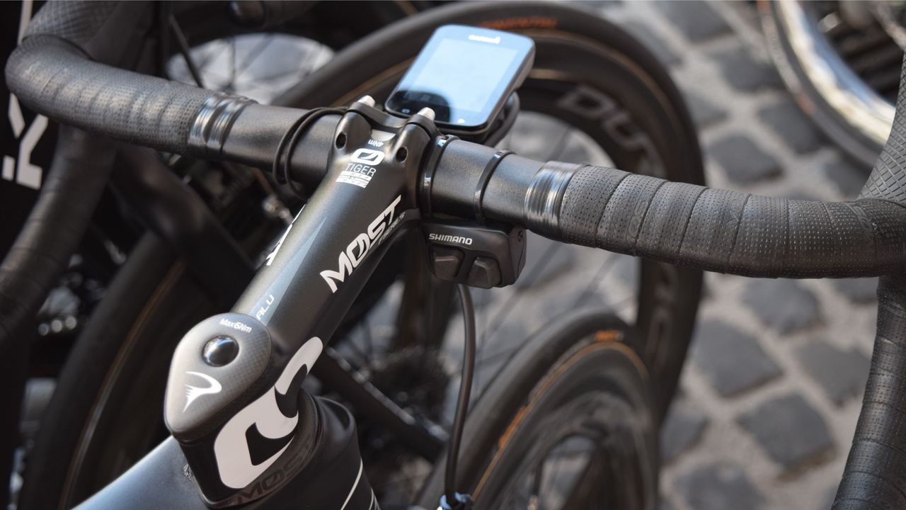 Gianni Moscon also looked to be on his Paris-Roubaix bike with a thumb shifter on the tops for easy shifting when riding on the cobbles