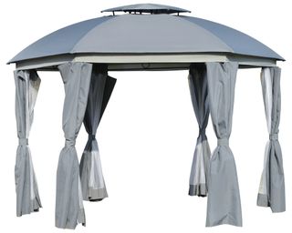 Outsunny 12' x 12' Round Outdoor Patio Gazebo Canopy with 2-Tier Roof, Netting Sidewalls, & Strong Steel Frame