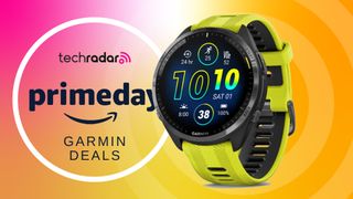 Garmin Forerunner 965, yellow, on Prime Day banner