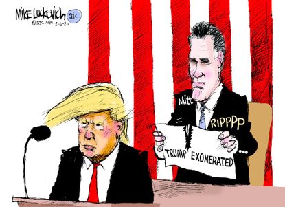 Political Cartoons U.S. Romney Trump exonerated tear up