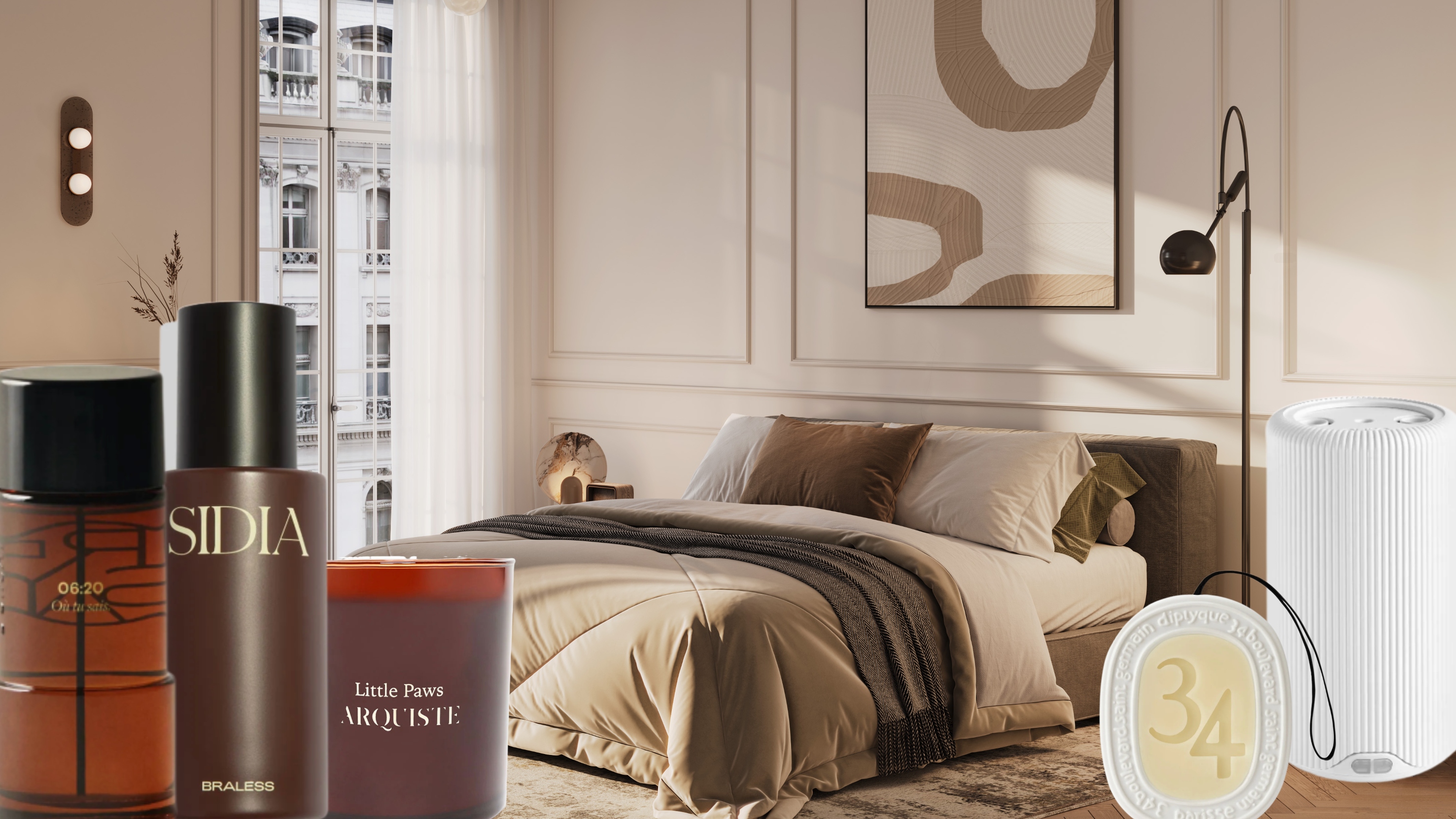 a bedroom with an assortment of home fragrance options from diptyque to dorsey