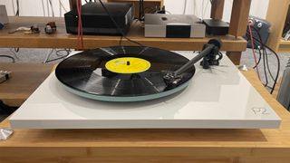 Rega Planar 2/Nd3 turntable on hi-fi test bench playing vinyl record