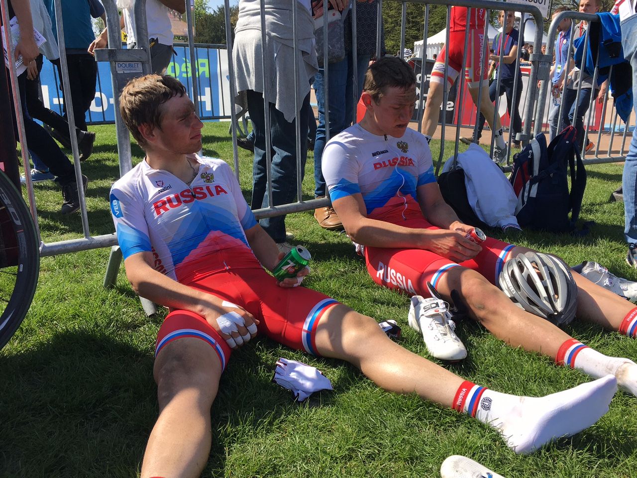 The Russian team catches their breath after the Paris-Roubaix juniors race.