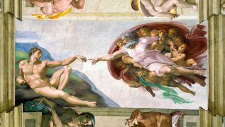 A photograph of the Creation of Adam painting, by Michelangelo