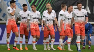  West Ham United gamers celebrate after Danny Ings' aim for the length of the UEFA Europa Conference League quarter-closing first leg match between Gent and West Ham United on the Ghelamco Enviornment on April 13, 2023 in Ghent, Belgium.