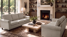 a cozy living room with couches that face each other, a wood coffee table, and a lit fireplace