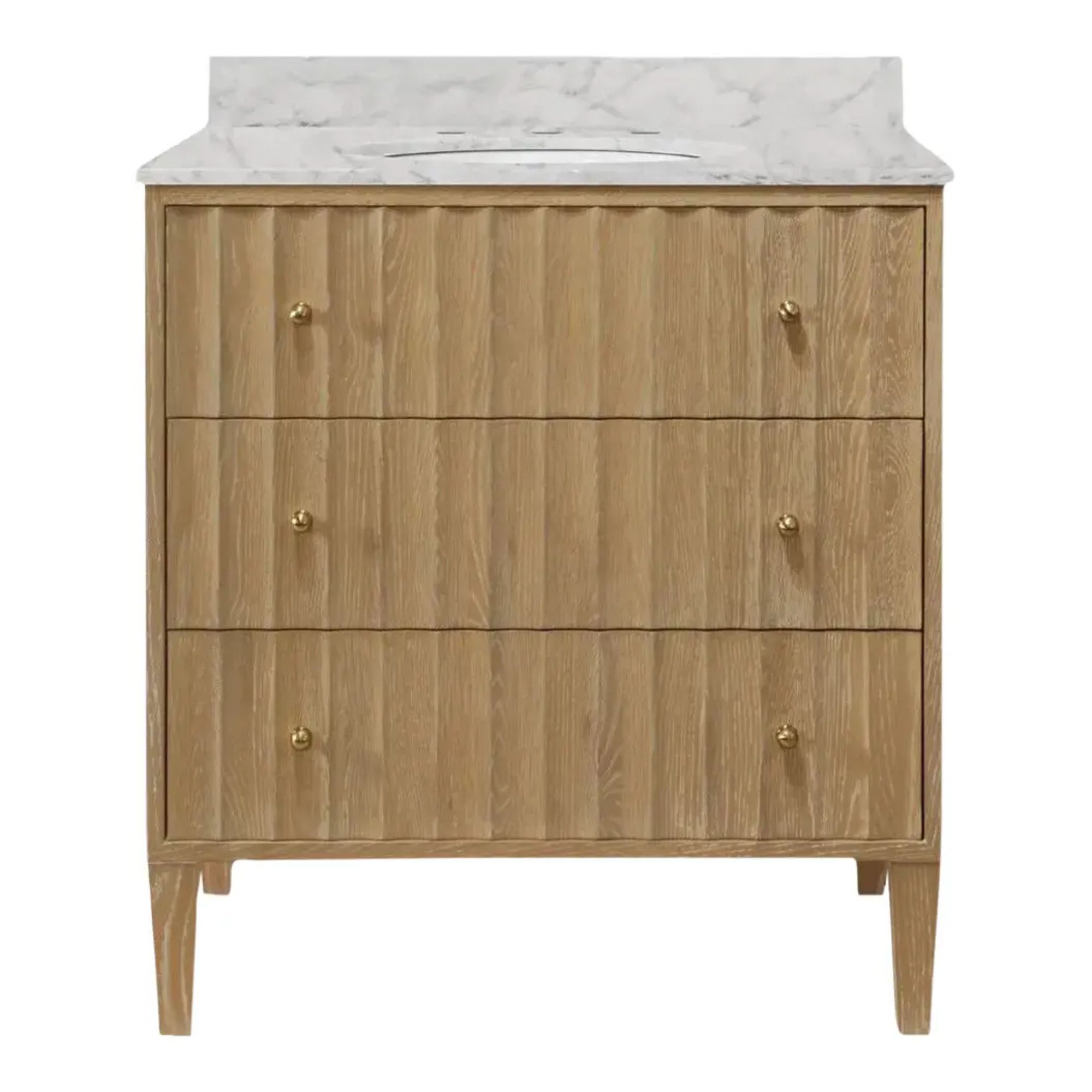 Matthew Izzo Home Odin Fluted Cerused Oak, Two Drawer, Single Sink Bathroom Vanity - Carrara Marble Top, Porcelain Sink, Brass Hardware