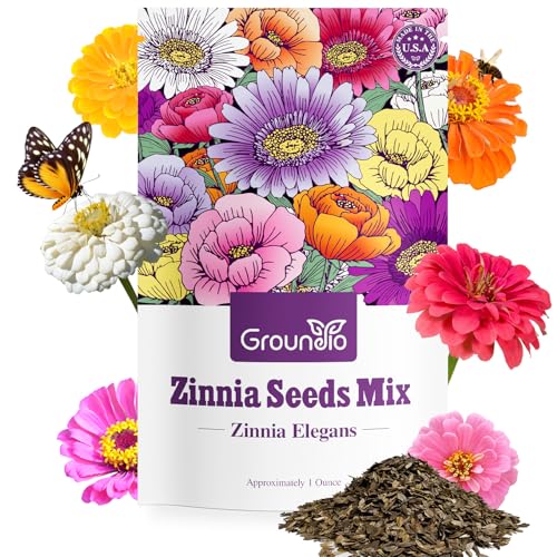 Groundio Zinnia Seeds Mix, 1 Oz, Over 3,000 Flowers Seeds, 5 Varieties (pink, Yellow, Orange, White, Purple), Mixed Colors and Large Blooms,open Pollinated - Bulk