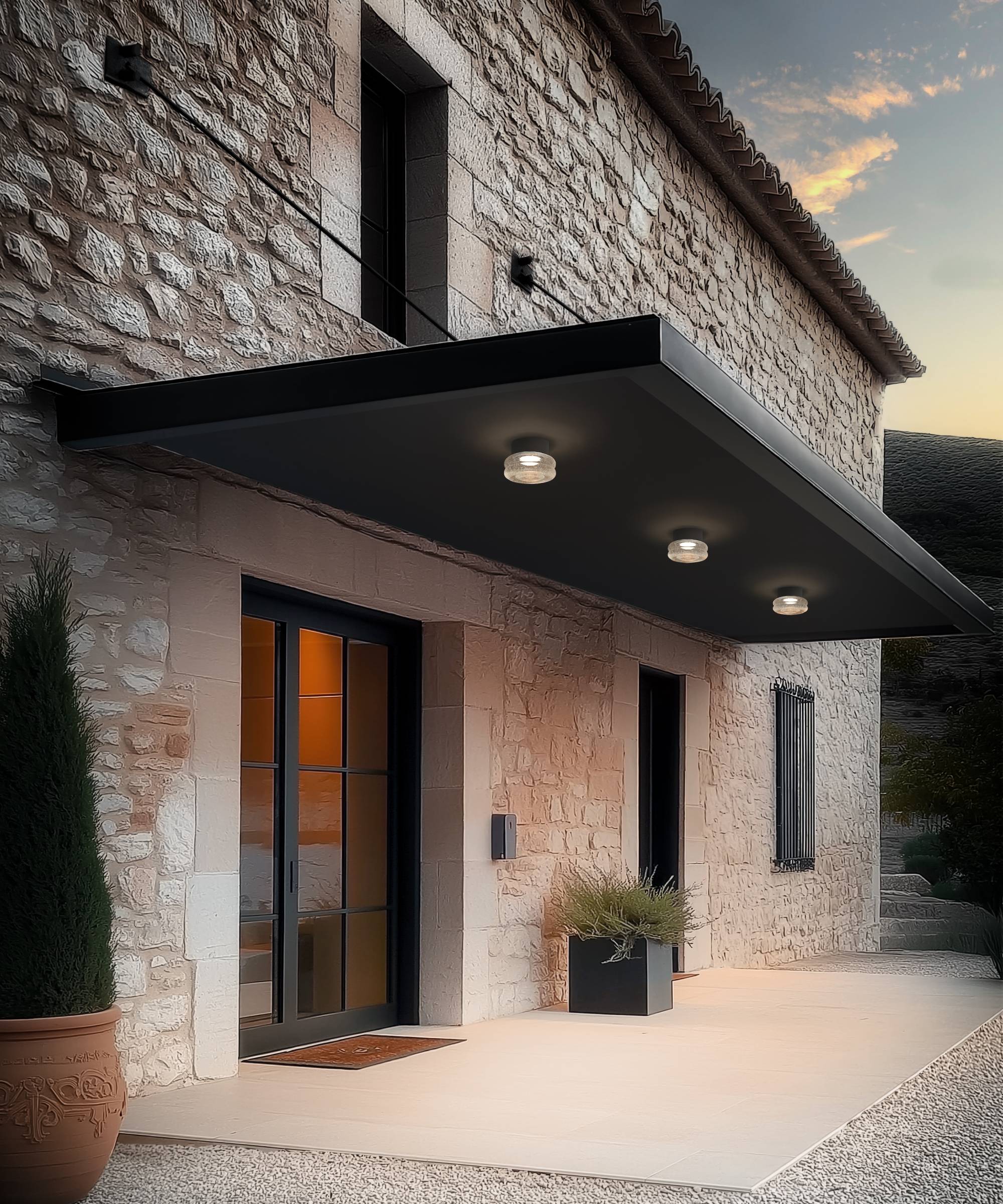 Exterior of country house with lighting above door