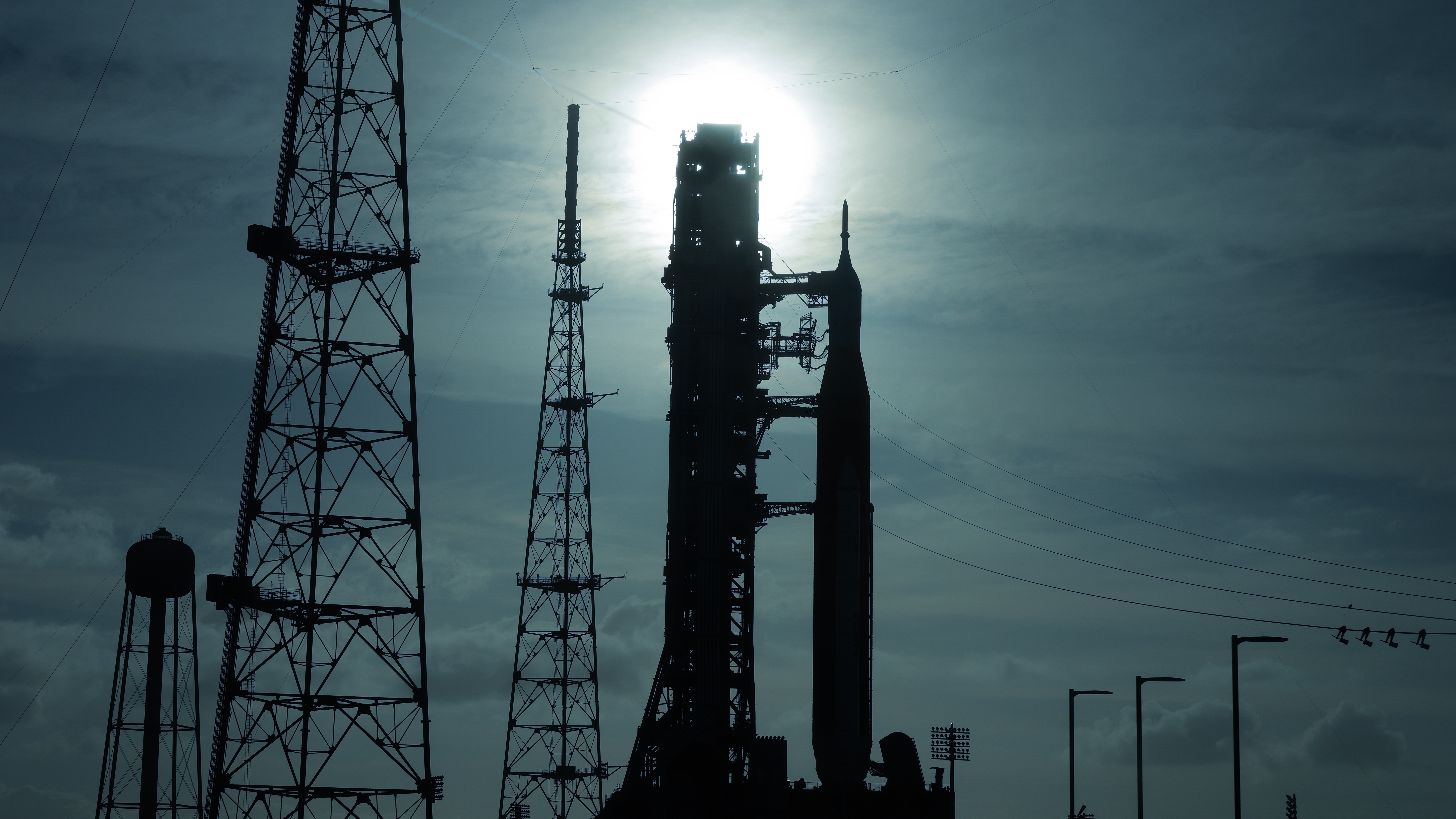 NASA's 322-foot-tall Artemis II Space Launch System rocket and Orion spacecraft stand on Launch Complex 39B at Kennedy Space Center on March 31, 2026 in Cape Canaveral, Florida.