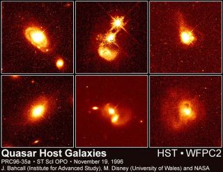 six panel image showing bright points of light at the center of different galaxies.