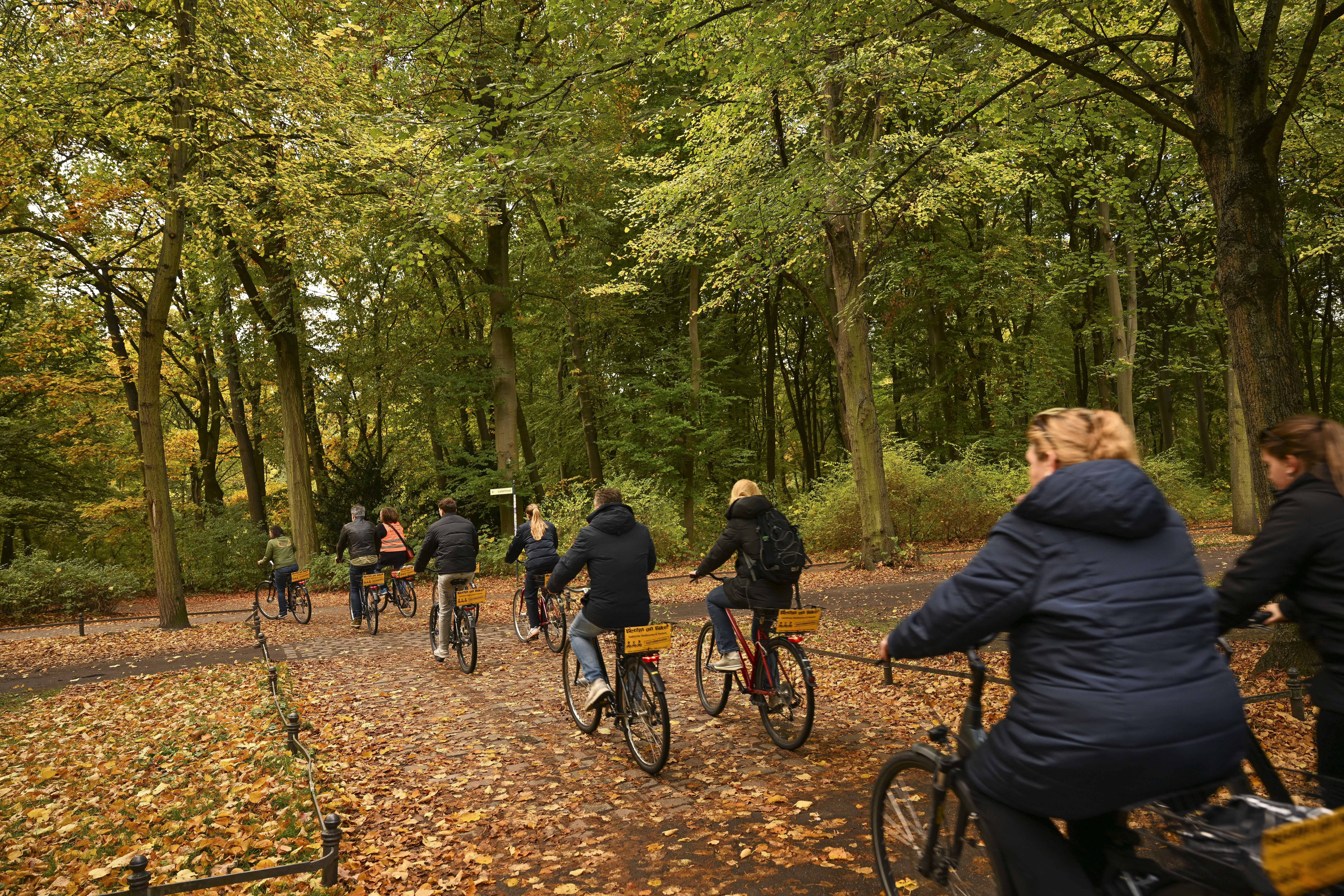 A group of people cycle through a woodland with leaves on the ground