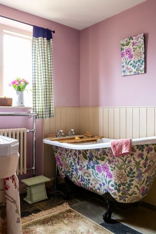 floral roll top bath pink cottage bathroom