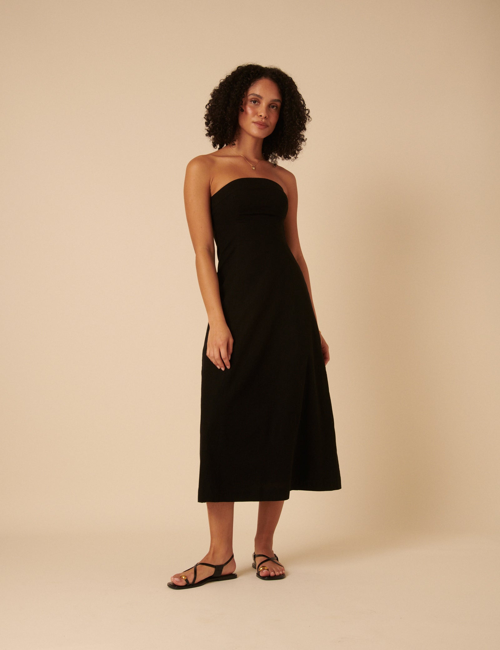 Black Linen-Blend Tie Front Gayle Midi Dress