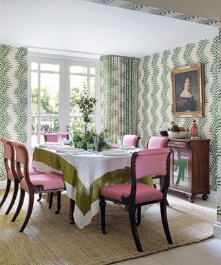Dining room curtain ideas with pink chairs and matching curtains and wallpaper in leaf pattern