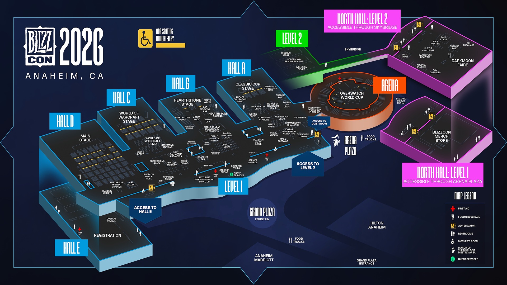 An isometric map of BlizzCon 2026 in Anaheim, showing the layout of halls, stages, the arena, and amenities with color-coded zones and a legend.