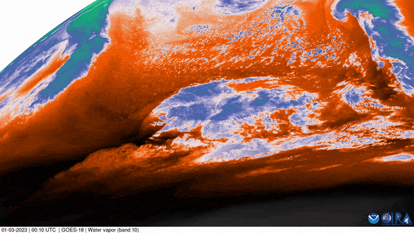 A powerful storm formed over the Pacific Ocean seen hitting the US West Coast by a weather satellite in January 2023.