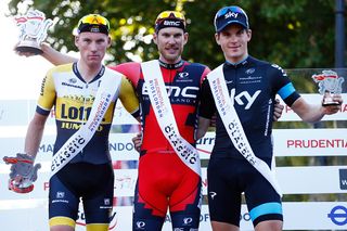 RideLondon Classic podium (l-r): Mike Teunissen (Team LottoNL-Jumbo), Jean-Pierre Drucker (BMC), Ben Swift (Team Sky)