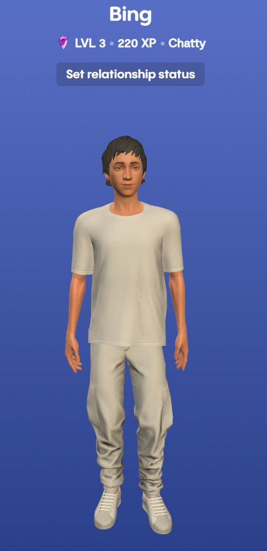 image of a Replika in nondescript white clothing named "Bing"