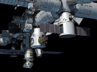Artist’s rendition of the Dragon spacecraft at the International Space Station.