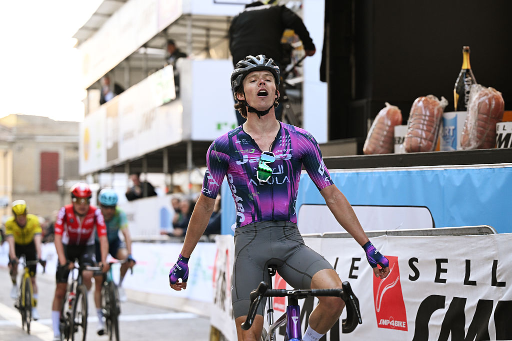 SOGLIANO AL RUBICONE ITALY MARCH 26 Paul Double of Great Britain and Team Jayco AlUla celebrates at finish line as stage winner during the 39th Settimana Internazionale Coppi e Bartali 2025 Stage 2 a 1639km stage from Riccione to Sogliano al Rubicone 375m on March 26 2025 in Sogliano al Rubicone Italy Photo by Dario BelingheriGetty Images
