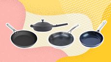 A selection of non-stick frying pans from T-Fal, Ninja Foodi, Blue Diamond and HexClad on yellow and pink background