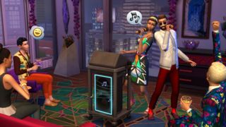 A group of Sims singing karaoke during the Sims 4 expansion pack City Living.