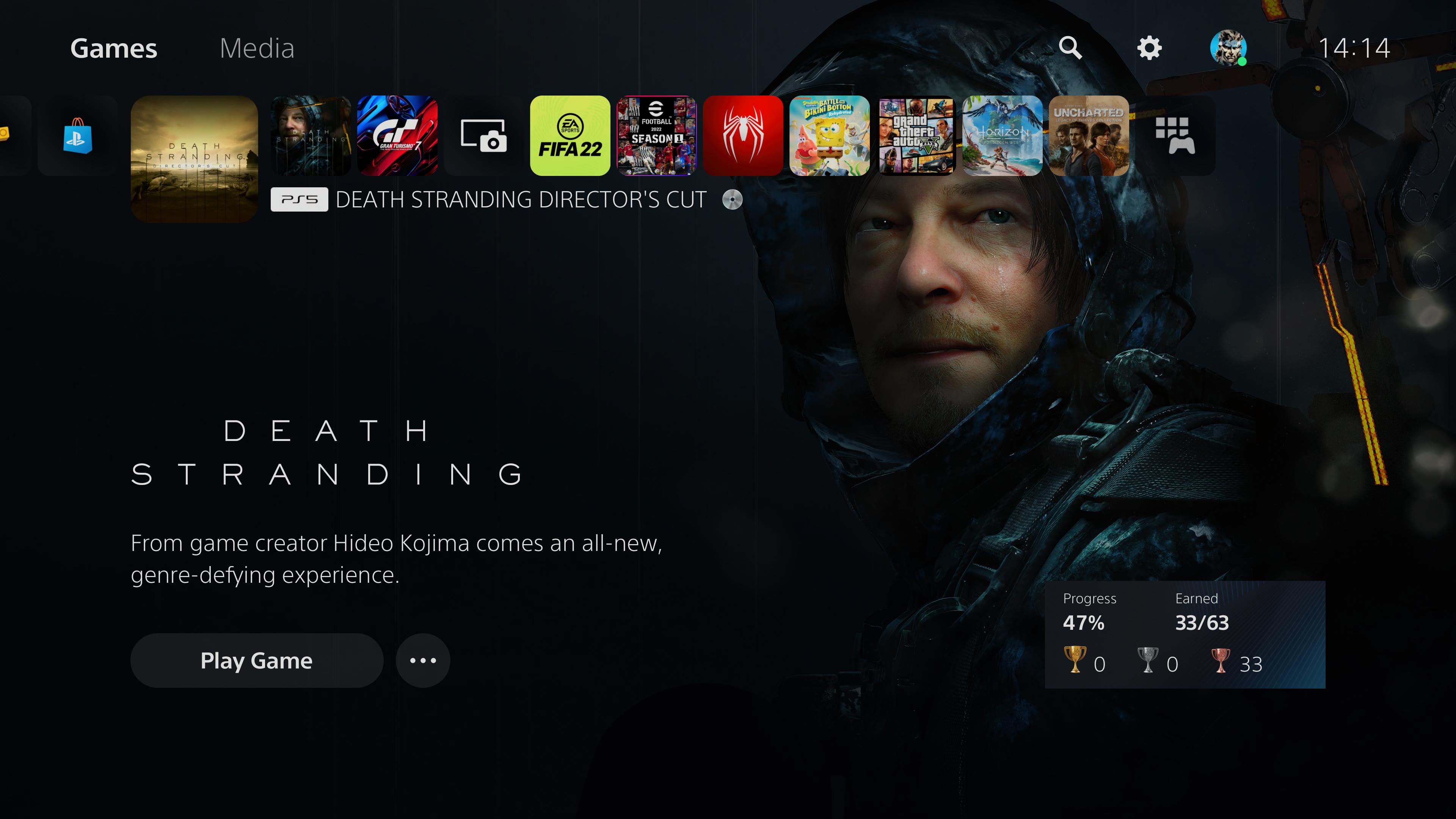 PS5 home screen showing Death Stranding on PS5 and PS4