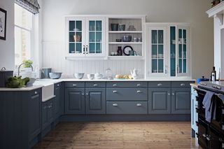 Artisan kitchen in Cardoon blue cabinets with white wall units