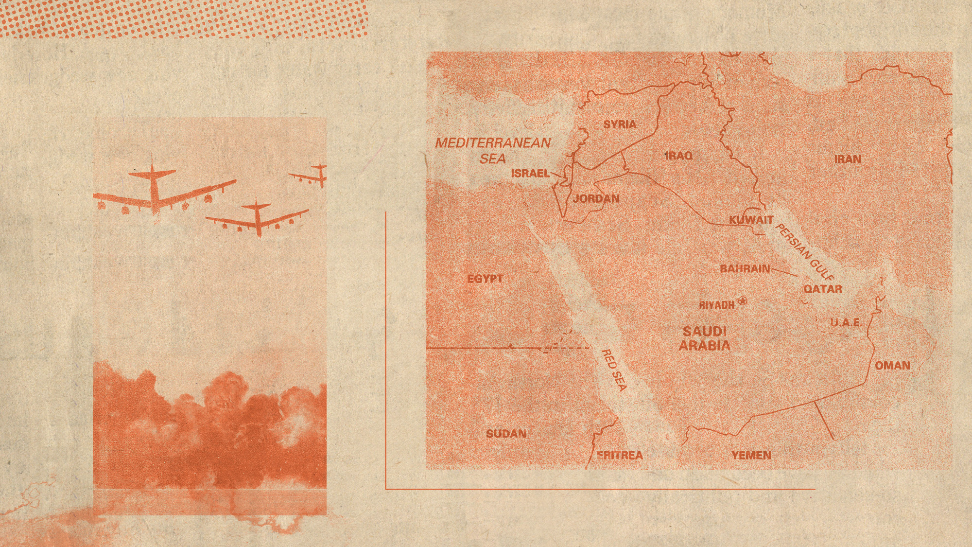 Photo collage of fighter jets bombing, and a map of the Gulf states
