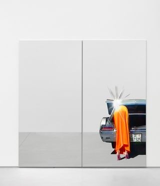 artwork of woman in orange dressing reaching into boot of car